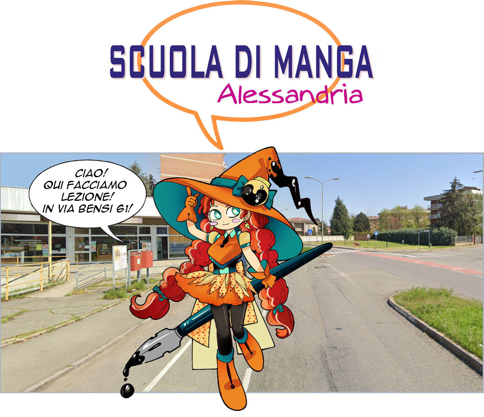 La mascotte disegnata a colori della scuola con lo sfondo la sede dei corsi della scuola.