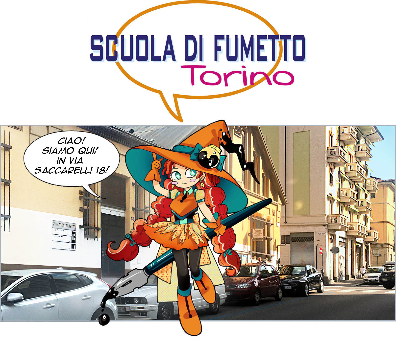 La mascotte disegnata a colori della scuola con lo sfondo la sede dei corsi della scuola.