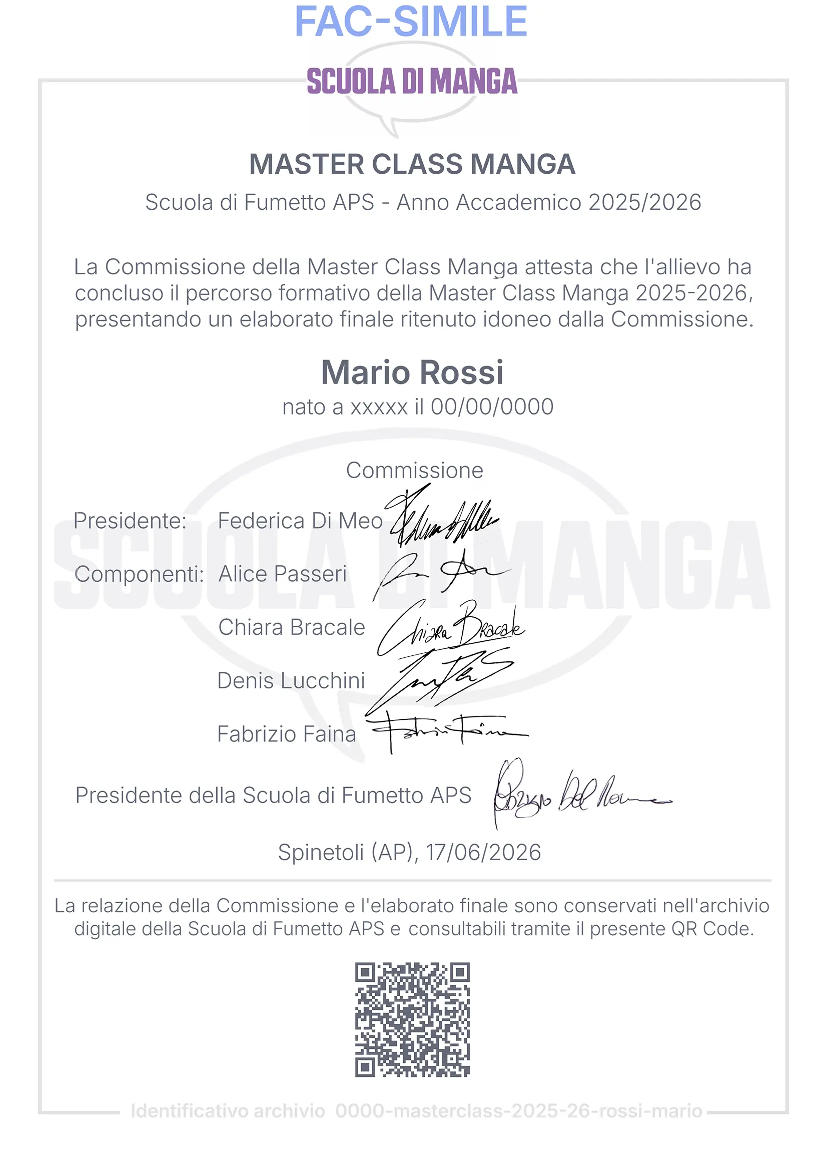 Fac-simile dell'attestato finale della Master Class Manga
